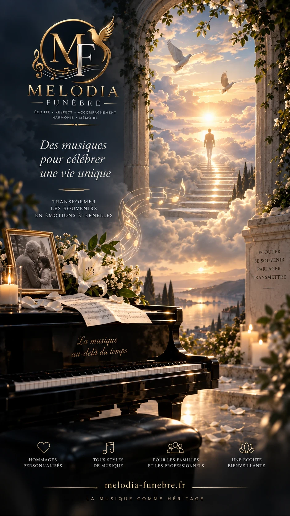 Affiche Melodia Funèbre : un piano à queue noir sur une terrasse de pierre, une partition ouverte, un portrait encadré d’un grand-père et de sa petite-fille, des lys, et un escalier de lumière montant dans les nuages. Le texte dit : « Des musiques pour célébrer une vie unique ».