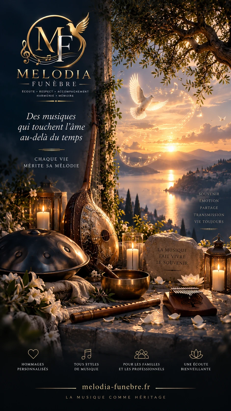 Affiche Melodia Funèbre : un handpan, un oud, une flûte traversière, une kalimba et un bol chantant posés parmi des lys blancs et des bougies, devant un lac au soleil couchant. Une pierre gravée porte : « La musique fait vivre le souvenir ».