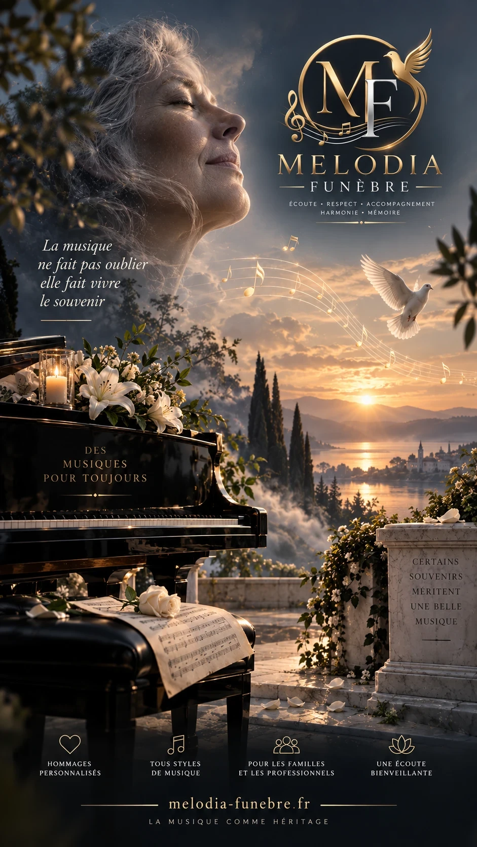 Affiche Melodia Funèbre : une femme âgée, les yeux fermés, le visage levé ; devant elle un piano à queue couvert de lys et une portée de notes qui s’envole vers un coucher de soleil. Le texte dit : « La musique ne fait pas oublier, elle fait vivre le souvenir ».