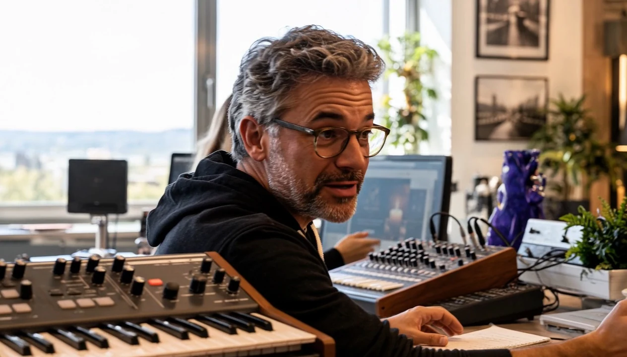 Un compositeur de la maison, tourné vers un collègue, devant deux claviers maîtres et une console de mixage.