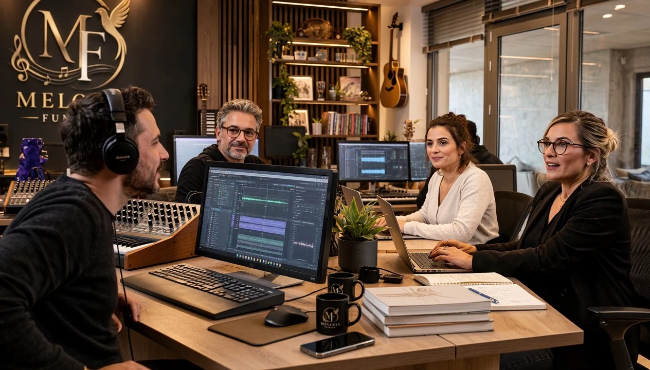 Plusieurs membres de la maison réunis autour d’un même écran de montage audio, en train d’écouter ensemble.