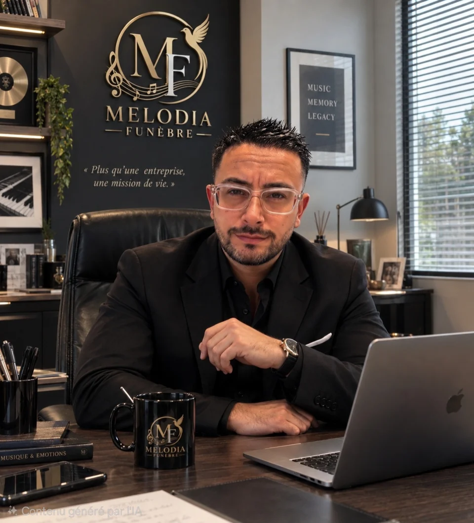 Maxime Charavet à son bureau, devant le logo mural de Melodia Funèbre et la devise « Plus qu’une entreprise, une mission de vie ».